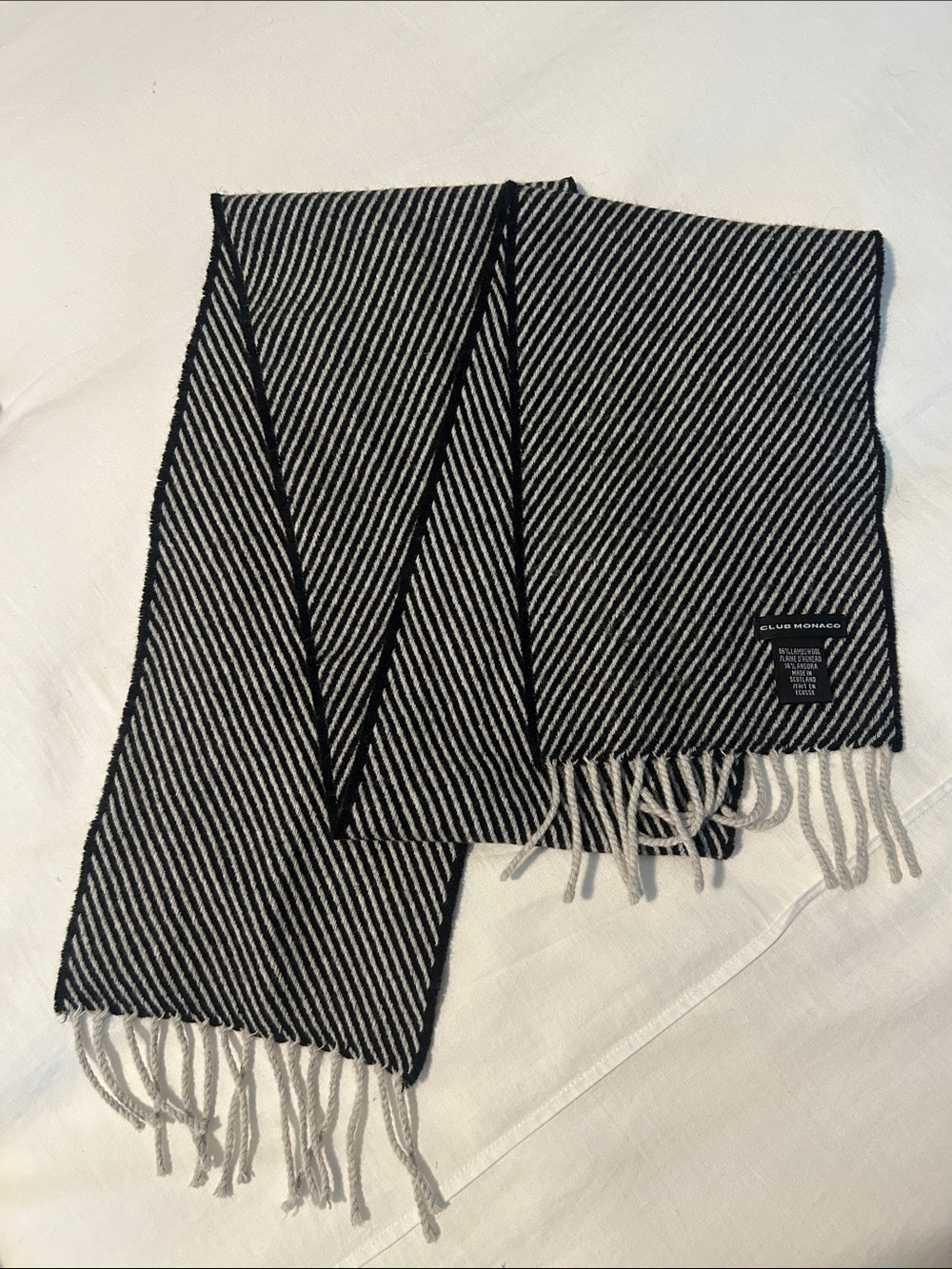Club Monaco Black and White Diagonal Stripe Wool Blend Scarf